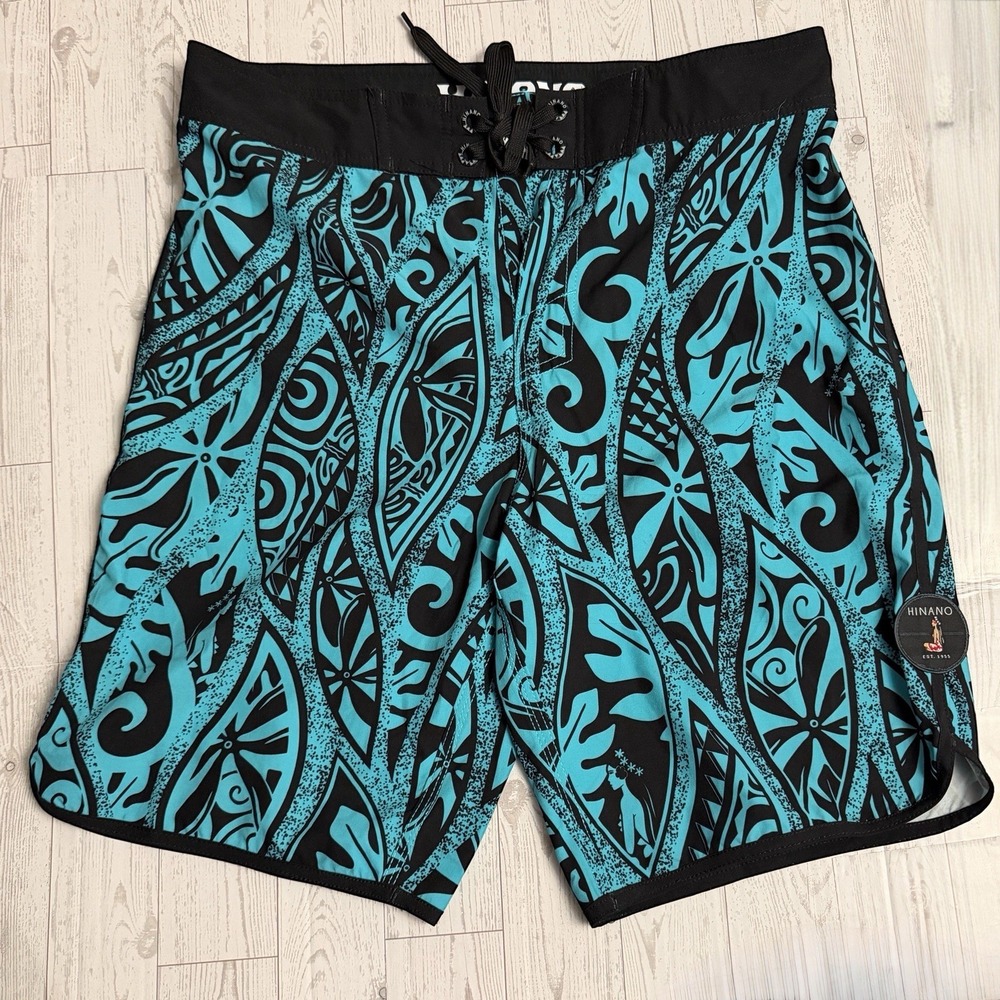 Hinano Tahiti Blue Tribal Black‎ Swimwear Boardshorts Men's 32 Trunks Hawaiian